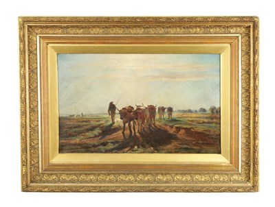Lot 1024 - GEORGES EUGENE LORGEOUX (1871-1953) A 19TH CENTURY OIL ON CANVAS "DROVER WITH CATTLE"