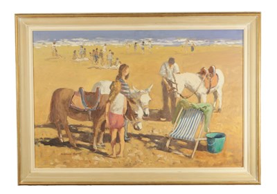 Lot 992 - WILLIAM NORMAN GAUNT (1918-2001) A 20TH CENTURY OIL ON BOARD DONKEYS AND CHILDREN PLAYING ON A BEACH