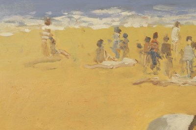 Lot 992 - WILLIAM NORMAN GAUNT (1918-2001) A 20TH CENTURY OIL ON BOARD DONKEYS AND CHILDREN PLAYING ON A BEACH