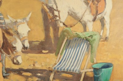 Lot 992 - WILLIAM NORMAN GAUNT (1918-2001) A 20TH CENTURY OIL ON BOARD DONKEYS AND CHILDREN PLAYING ON A BEACH