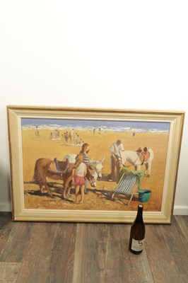 Lot 992 - WILLIAM NORMAN GAUNT (1918-2001) A 20TH CENTURY OIL ON BOARD DONKEYS AND CHILDREN PLAYING ON A BEACH