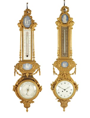 Lot 997 - A FINE MATCHED PAIR OF 19TH CENTURY FRENCH GILT BRONZE AND WEDGWOOD PANELLED HANGING WHEEL BAROMETER/CLOCK