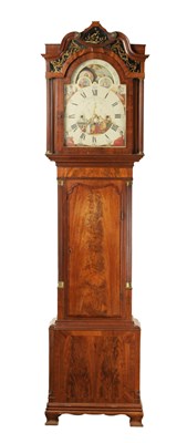 Lot 981 - THOMAS RICHARDSON WEVERHAM. A LATE GEORGE III FIGURED MAHOGANY EIGHT-DAY THREE TRIAN MOON ROLLR LONGCASE CLOCK