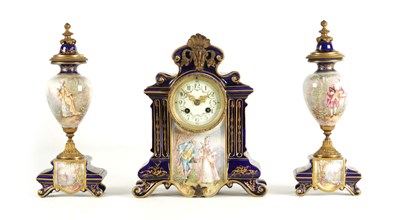 Lot 1105 - A LATE 19TH CENTURY VIENNA STYLE PORCELAIN AND GILT METAL MOUNTED THREE PIECE CLOCK GARNATURE SET
