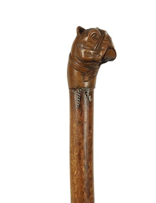 Lot 489 - A LATE 19TH CENTURY BAMBOO AND CARVED DOGS HEAD WALKING STICK