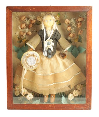 Lot 757 - A 19TH CENTURY WAX OVER DOLL FIGURE IN A GLAZED DISPLAY CABINET