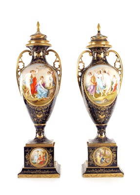 Lot 79 - A LARGE MATCHED PAIR OF 19TH CENTURY VIENNA PORCELAIN VASE AND COVERS