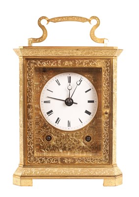 Lot 1523 - BIRON, PARIS. AN EARLY FRENCH GIANT GILT ENGRAVED STRIKING CARRIAGE CLOCK WITH ALARM