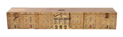 Lot 1194 - A 19TH CENTURY AND WOODEN BOX PAINTED WITH A GEORGIAN HOUSE