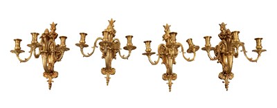 Lot 744 - A SET OF FOUR GOOD QUALITY ORMOLU HANGING WALL LIGHT CANDELABRA