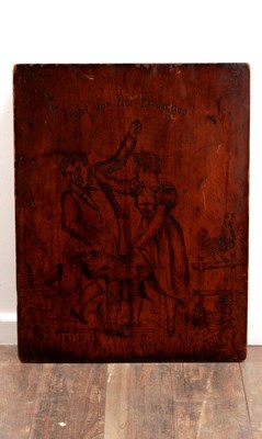 Lot 902 - A 19TH CENTURY CARVED PINE HANGING PANEL ENTITLED " FIGHT FOR THE BREECHES"