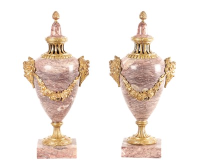 Lot 941 - A PAIR OF LATE 19TH CENTURY MARBLE AND ORMOLU MOUNTED CASOLLETES
