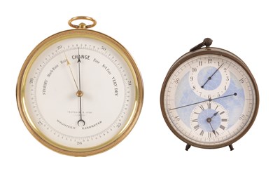 Lot 1595 - AN UNUSUAL LATE 19TH CENTURY ALARM CLOCK AND AN ANEROID BAROMETER