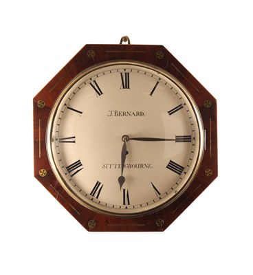 Lot 1597 - J. BERNARD, SITTINGBOURNE, A REGENCY BRASS INLAID MAHOGANY WALL CLOCK