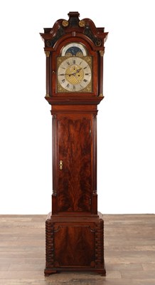 Lot 1624 - WILLIAM LAWSON, NEWTON (LE WILLOWS). A GEORGE III FIGURED MAHOGANY EIGHT DAY LONGCASE CLOCK