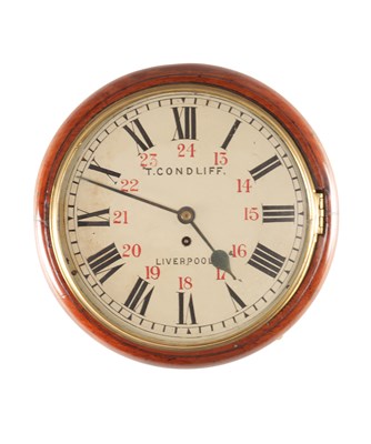 Lot 1759 - THOMAS CONDLIFF, LIVERPOOL. A MID 19TH CENTURY MAHOGANY FUSEE WALL CLOCK