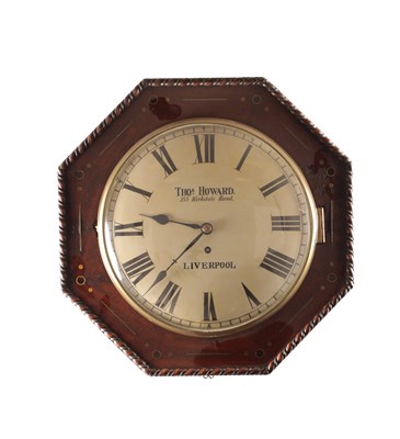Lot 1338 - THOMAS HOWARD, LIVERPOOL. A MID 19TH CENTURY BRASS INLAID MAHOGANY FUSEE WALL CLOCK