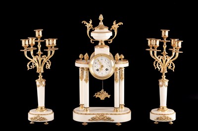 Lot 1569 - A LATE 19TH CENTURY FRENCH WHITE MARBLE AND ORMOLU CLOCK GARNITURE