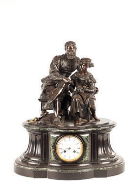 Lot 1534 - A LARGE LATE 19TH CENTURY PATINATED BRONZE AND MARBLE FIGURAL MANTEL CLOCK
