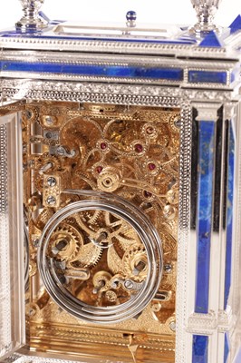 Lot 1525 - A FINE LIMITED EDITION GIANT SOLID SILVER AND LAPIS LAZULI GRAND SONNERIE CARRIAGE CLOCK MADE FOR ASPREY