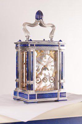 Lot 1525 - A FINE LIMITED EDITION GIANT SOLID SILVER AND LAPIS LAZULI GRAND SONNERIE CARRIAGE CLOCK MADE FOR ASPREY