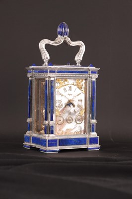 Lot 1525 - A FINE LIMITED EDITION GIANT SOLID SILVER AND LAPIS LAZULI GRAND SONNERIE CARRIAGE CLOCK MADE FOR ASPREY