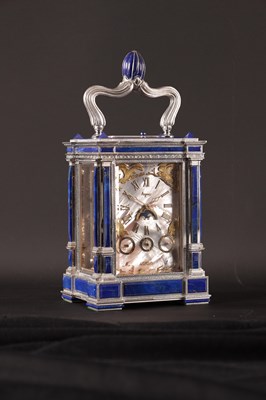 Lot 1525 - A FINE LIMITED EDITION GIANT SOLID SILVER AND LAPIS LAZULI GRAND SONNERIE CARRIAGE CLOCK MADE FOR ASPREY