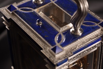 Lot 1525 - A FINE LIMITED EDITION GIANT SOLID SILVER AND LAPIS LAZULI GRAND SONNERIE CARRIAGE CLOCK MADE FOR ASPREY