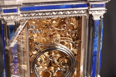 Lot 1525 - A FINE LIMITED EDITION GIANT SOLID SILVER AND LAPIS LAZULI GRAND SONNERIE CARRIAGE CLOCK MADE FOR ASPREY