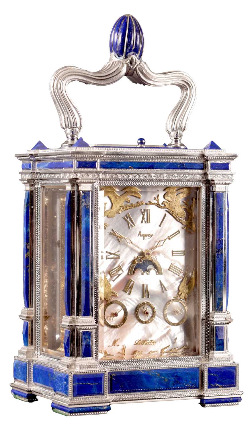 Lot 1525 - A FINE LIMITED EDITION GIANT SOLID SILVER AND LAPIS LAZULI GRAND SONNERIE CARRIAGE CLOCK MADE FOR ASPREY