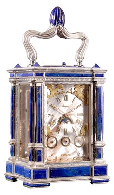 Lot 1525 - A FINE LIMITED EDITION GIANT SOLID SILVER AND LAPIS LAZULI GRAND SONNERIE CARRIAGE CLOCK MADE FOR ASPREY