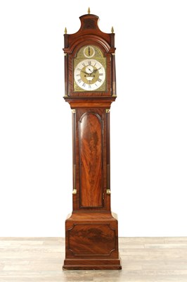 Lot 1683 - SETH AGAR, WISBICH. A GEORGE III INLAID FIGURED MAHOGANY EIGHT DAY LONGCASE CLOCK