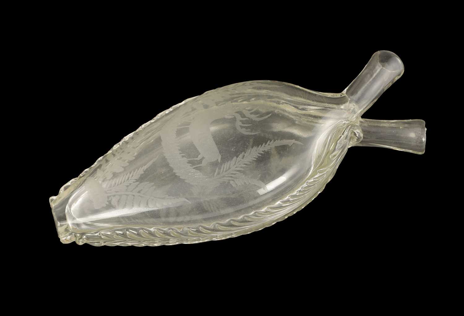 Lot 23 - A 19TH CENTURY BOHEMIAN DOUBLE SIDED CLEAR GLASS GIMMEL FLASK