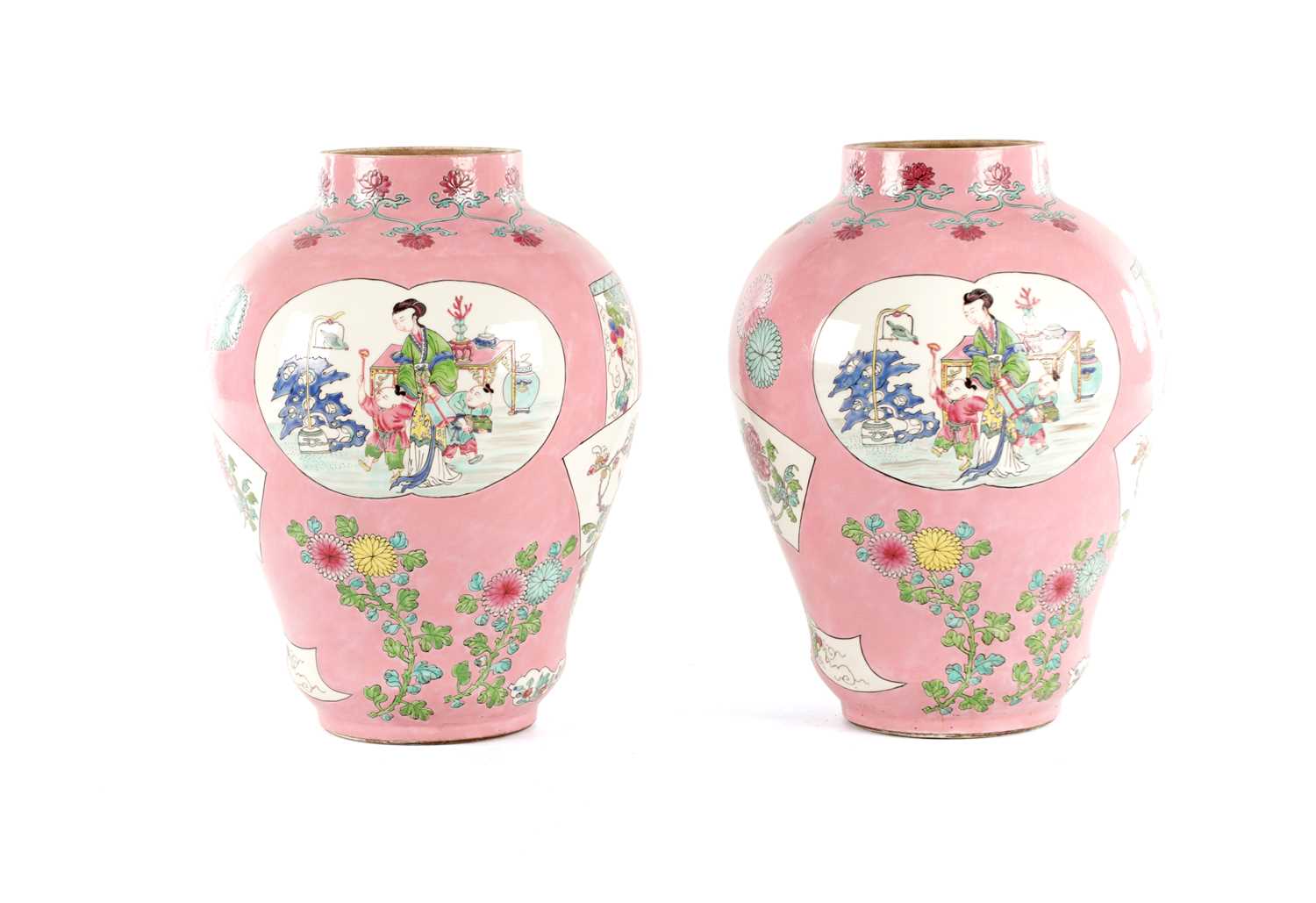 Lot 193 - A PAIR OF CHINESE FAMILLE ROSE PINK GROUND BALUSTER VASES