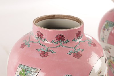 Lot 193 - A PAIR OF CHINESE FAMILLE ROSE PINK GROUND BALUSTER VASES