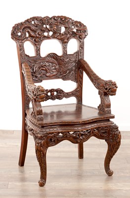Lot 169 - A LATE 19TH / EARLY 20TH CENTURY CHINESE CARVED HARDWOOD ARMCHAIR