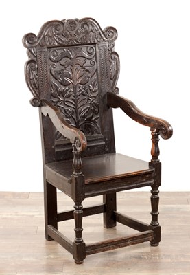 Lot 1327 - A 17TH CENTURY AND LATER CARVED WAINSCOTT CHAIR