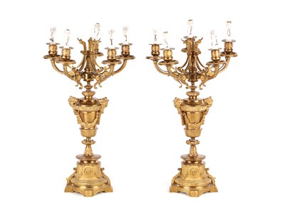Lot 898 - A PAIR OF 19TH CENTURY FRENCH ORMOLU FIVE BRANCH CANDELABRA