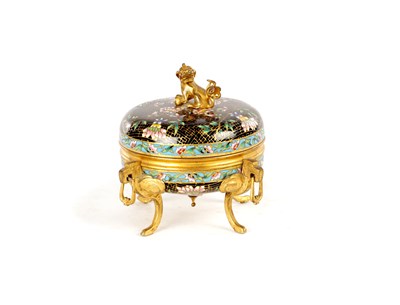 Lot 723 - ATT. FERDINAND BARBEDIENNE. A 19TH CENTURY FRENCH CHAMPLEVE ENAMEL AND GILT BRONZE FOOTED BOWL AND COVER