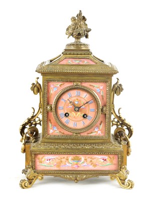 Lot 1464 - A LATE 19TH CENTURY FRENCH ORMOLU AND PORCELAIN PANELLED MANTEL CLOCK