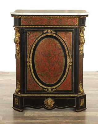 Lot 1226 - A 19TH CENTURY FRENCH EBONISED AND ORMOLU MOUNTED TORTOISESHELL AND BRASS INLAID BOULLE WORK SIDE CABINET