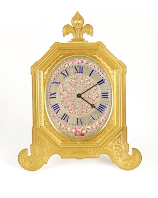 Lot 1691 - THOMAS COLE, LONDON. A RARE AND LARGE MID 19TH CENTURY GILT AND ENAMEL STRUT CLOCK