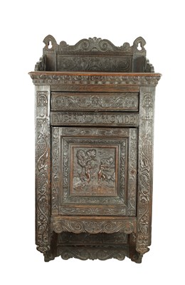 Lot 1293 - A 19TH CENTURY 17TH CENTURY STYLE CARVED OAK HANGING CABINET