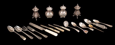 Lot 441 - A COLLECTION OF 14 SILVER CUTLERY INCLUDING TWO PAIRS OF SALTS AND PEPPERS