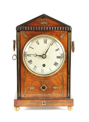 Lot 1668 - A SMALL REGENCY BRASS INLAID MAHOGANY FUSEE MANTEL CLOCK