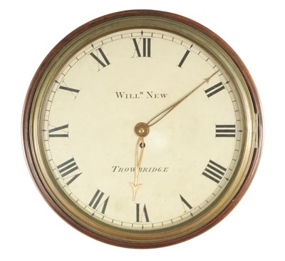 Lot 1736 - WILLIAM NEW, TROWBRIDGE. A GEORGE III WOODEN DIAL VERGE WALL CLOCK