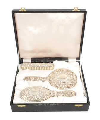 Lot 402 - A LATE 19TH CENTURY CASED SILVER DRESSING TABLE SET