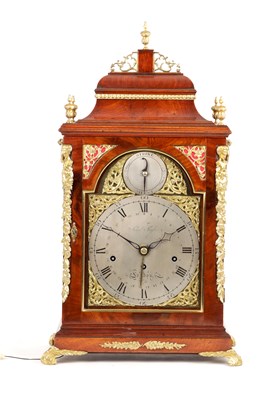 Lot 1490 - JOHN TAYLOR, LONDON. A GEORGE III ORMOLU MOUNTED FIGURED MAHOGANY QUARTER CHIMING BRACKET CLOCK