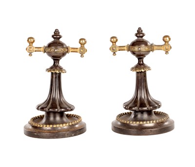 Lot 873 - A PAIR OF 19TH CENTURY CAST IRON AND BRASS MOUNTED FIREDOGS