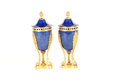 Lot 887 - A PAIR OF LATE 19TH CENTURY FRENCH ORMOLU AND PORCELAIN LIDDED CASSOLETTES